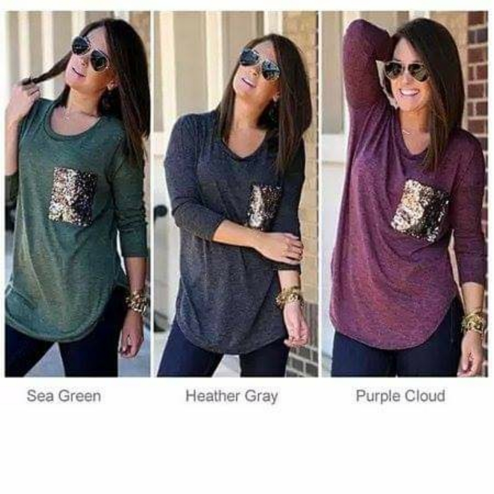(SALE!)Long Sleeve Sea Green Top With Gold Sequin Pocket - S